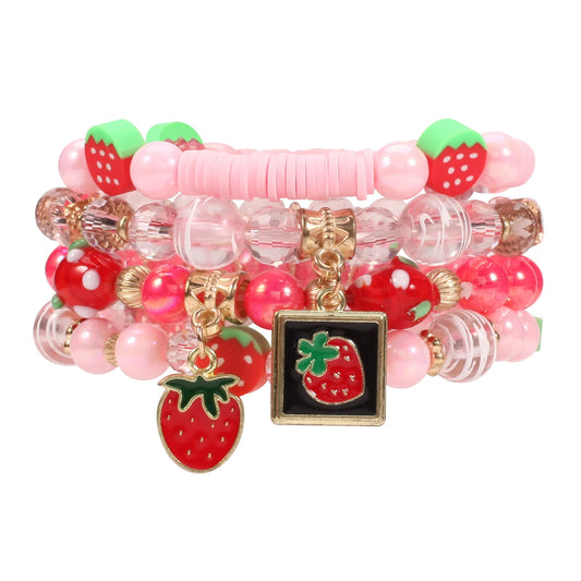 BerryCharm Strawberry Pendant Pink Beads Multilayer Stretch Bracelet