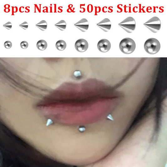 Kozi Trends 8pcs Fake Lip Nails & 50pcs Stickers Eyebrow Ear Stud Non Piercing Earring Studs